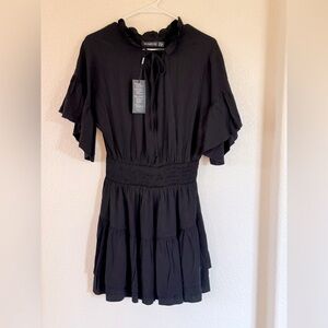 Honeyme Black Midi Dress with Ruffle Sleeves